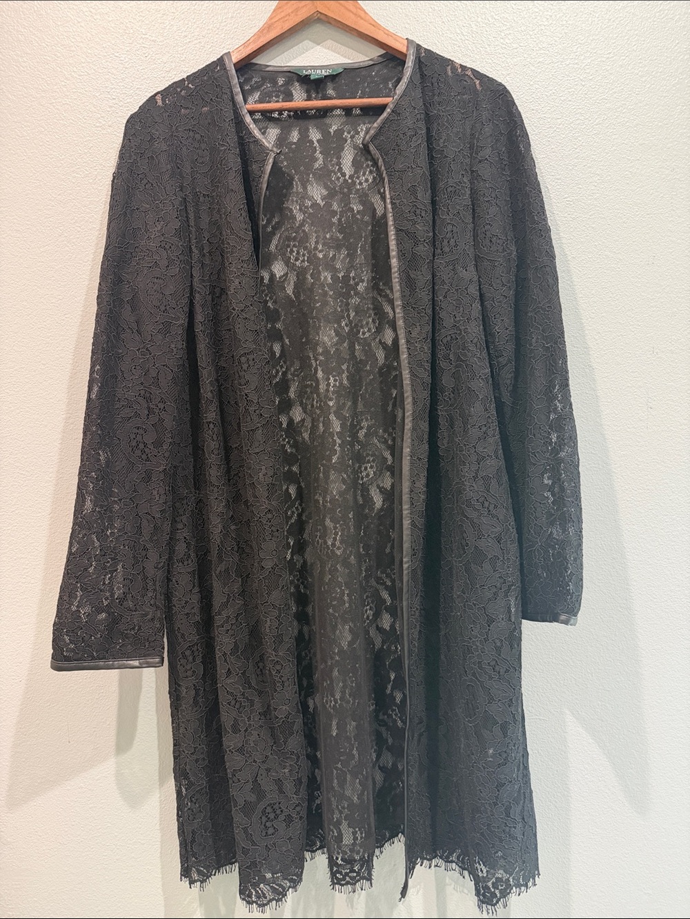 Lauren Ralph Lauren Black Sheer Floral Lace Open Cardigan Duster Robe Romantic L
